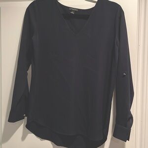 Navy v neck long sleeve blouse with sleeve roll up detail